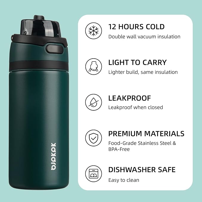 BJPKPK 17oz Insulated Water Bottle with 2-1 Straw Spout Lid, Stainless Steel Metal Water Bottles with Carry Handle, BPA Free, Leak-Proof, Fits in Car Cup Holder, Thermo for Sports,Army Green