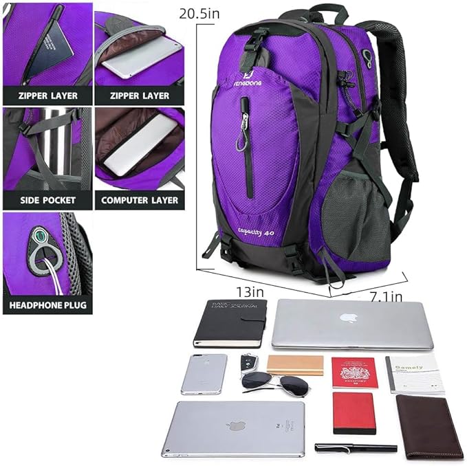 FENGDONG 40L Waterproof Lightweight Outdoor Daypack Hiking,Camping,Travel Backpack for Women Men Purple