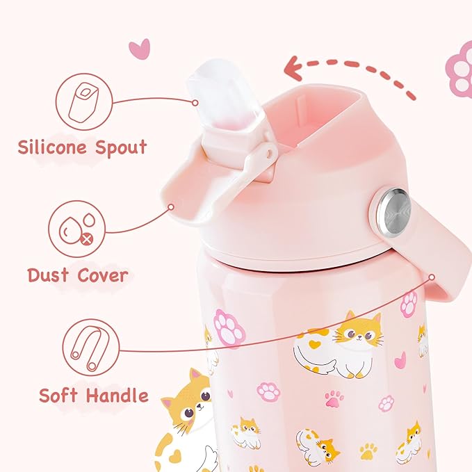 Kerilyn 12oz Kids Water Bottle 2 Pack, Stainless Steel Insulated Water Bottle Bulk, Toddler Cups with Straws Leak-Proof, Kids Water Bottles for School Boys Girls, BPA Free, 2 Piece Set Planet + Kitty