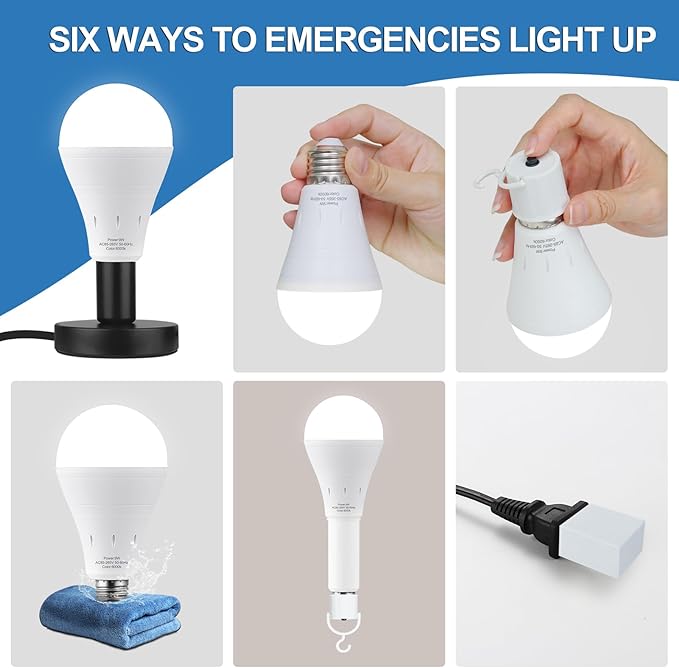 3Pack Rechargeable Emergency Light Bulb, A19 9W Warm White 6000K Self-Charging LED Light Bulb,1200mAh Battery Backup Light Bulbs for Daily,Home Emergency,Outdoor Portable Use