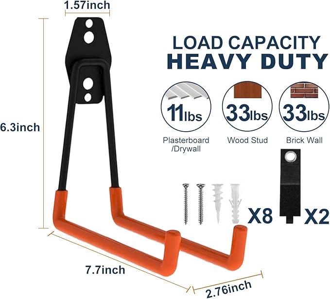 Garage Hooks Heavy Duty, 4 Pack Large Square Steel Garage Storage Hooks with Anti-Slip Coating, Multi-Purpose Ladder Hooks for Hanging Garden Tools, Hoses, Bikes and Folding Chairs (Orange)