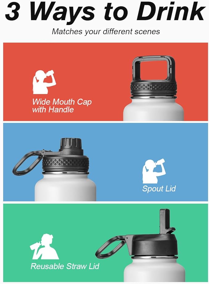 Coolflask Water Bottle 32 oz Insulated with Straw, Stainless Steel Metal 3 Lids Water Flask Wide Mouth for Sports or Office, Non-BPA Keep Cold Up to 48 Hrs or Hot Up to 24 Hrs, White