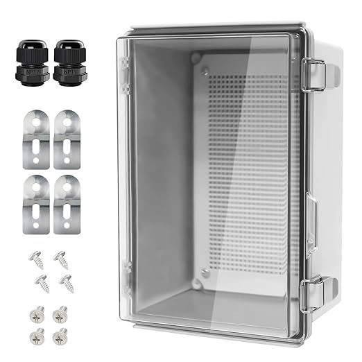LeMotech Electrical Box, IP67 Waterproof Hinged Clear Cover Stainless Steel Latch Junction Box, ABS Plastic Electrical Enclosure with Mounting Plate,Wall Brackets, Cable Glands,11.4"x7.5"x5.5",Grey