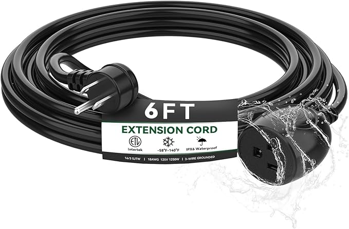 6FT Waterproof Outdoor Extension Cord,IPX6 Waterproof,Cold Weather & Fireproof,Heavy Duty 3 Prong Cable,18AWG 125V 10A,FCC/ETL Certified
