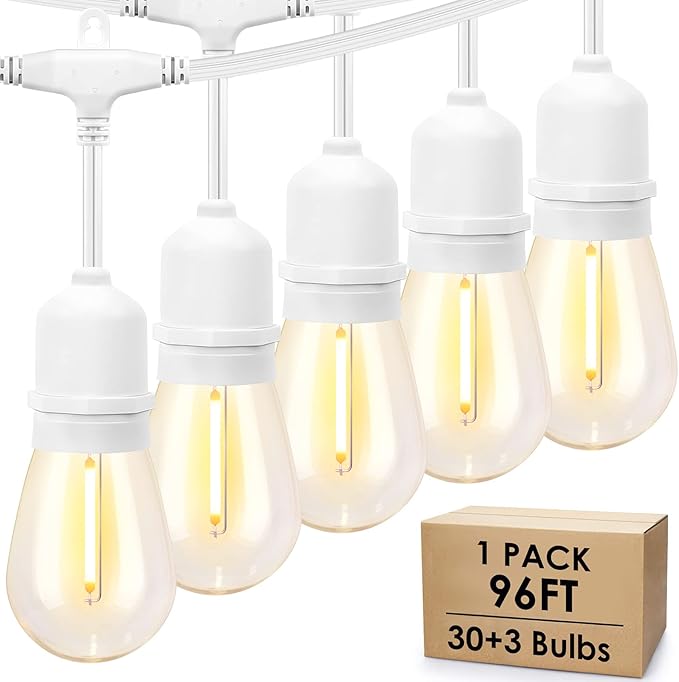 Mlambert White Cord 96FT Outdoor String Lights with 30+3 LED Plastic Bulbs, Dimmable Waterproof Shatterproof Linkable Patio Light for Pergola Backyard