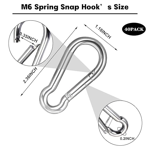 2.36'' Carabiner Clips, 1/4 Inch Heavy Duty Galvanized Steel Spring Snap Hook, Small Carabiner Clip 260LBS Holding Capacity Quick Link Clip Keychain for Hammock Dog Leash & Camping Gym(40 PCS M6)