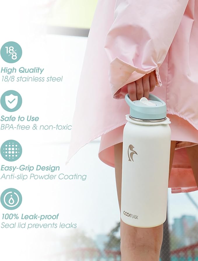 Coolflask Water Bottle with Straw, 32 oz Insulated Metal Water Flask with Straw & Spout Lids, Stainless Steel Double Wall Vacuum, Keep Cold 48h Hot 24h, Leak Proof, BPA-Free, Glacier White