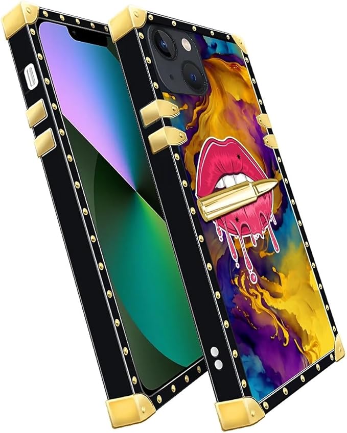 Compatible with iPhone 13 Case, Cool Corlorful Lip Marble Luxury Golden Decoration for Girl Women Soft TPU Shockproof Protective Hard PC Back for iPhone 13