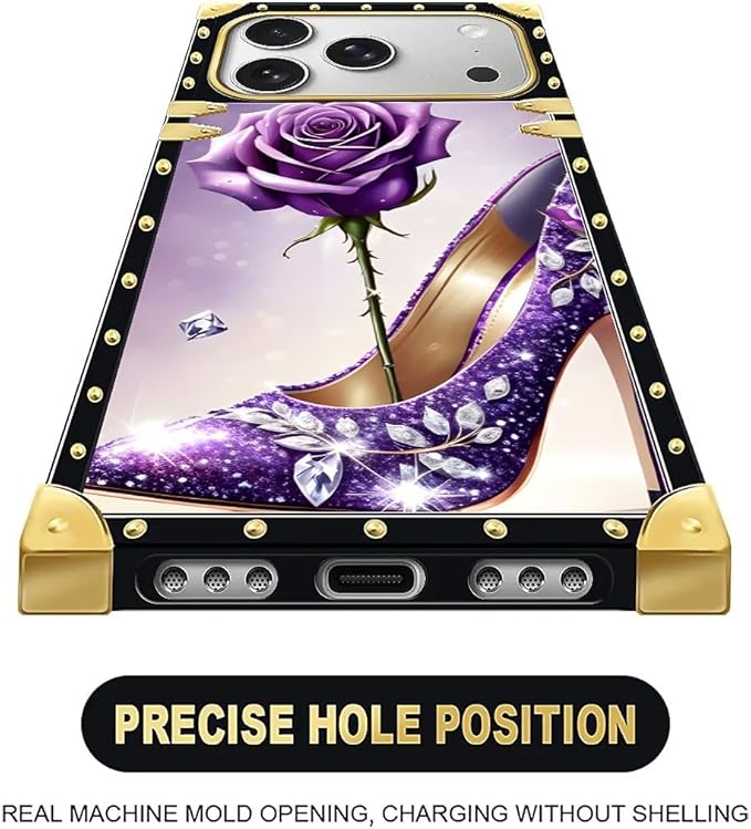 for iPhone 17 Pro Case Luxury Golden Decoration for Girl Women Soft TPU Shockproof Protective Hard PC Back for iPhone 17 Pro Crazy Pattern High Heeled Purple Diamond Rose