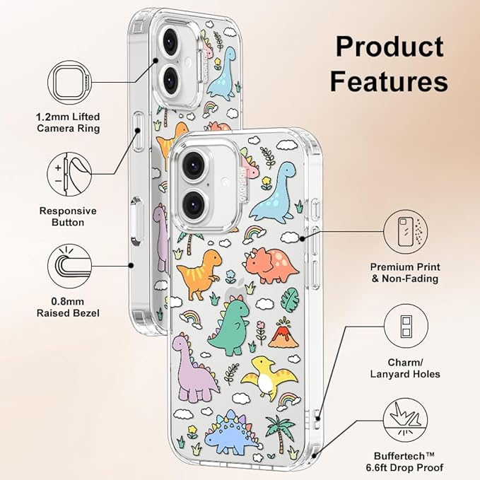 MOSNOVO Case for iPhone 16 Plus, [Buffertech 6.6ft Military-Grade Drop Protection] [Anti Peel Off Tech] Clear TPU Bumper Phone Case Cover Design - Dinosaur Land