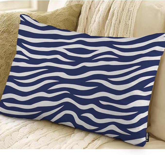 EKOBLA Zebra Stripe 12x20 Pillow Case Distressed Navy Blue White Animal Skin Print Wave Decorative Pillow Covers Cotton Linen Cushion Cover for Home Sofa Couch Decor 12x20 Inches