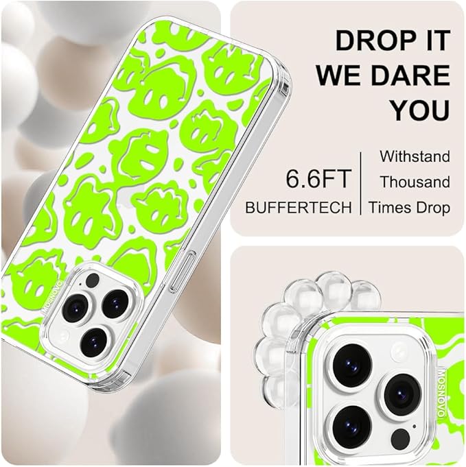MOSNOVO Case for iPhone 14 Pro Max, [Buffertech 6.6ft Military-Grade Drop Protection] [Anti Peel Off Tech] Clear TPU Bumper Phone Case Cover Design - Distorted Green Smiles Face