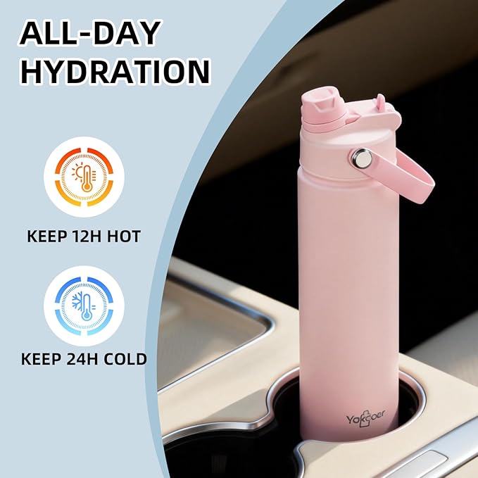 26oz Insulated Water Bottle with 2-in-1 Straw and Spout Lid, 304 Stainless Steel Water Bottle Keep Cold for 24H,Leak-Proof,Sports Water Bottle with Braided Carry Strap for Travel,Outdoors,Light Purple