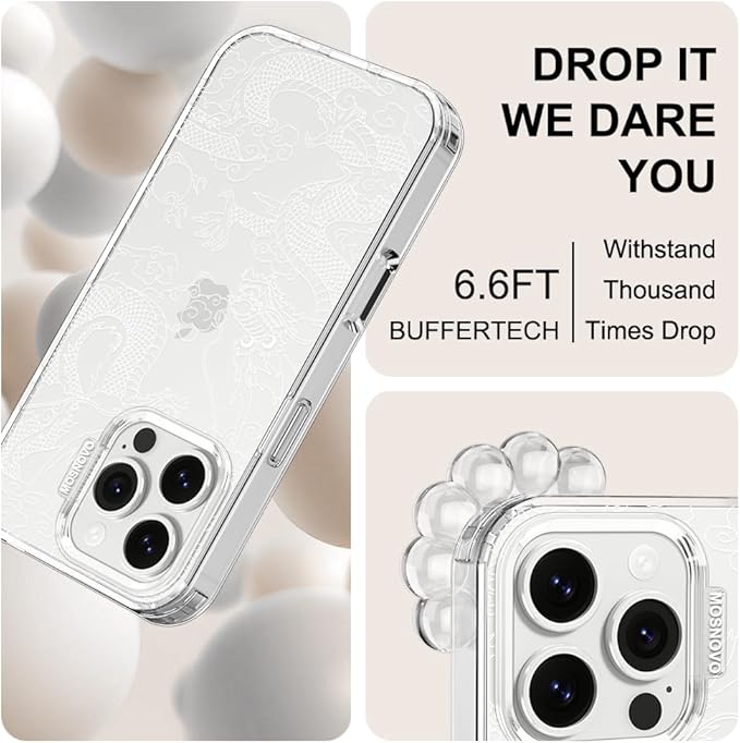 MOSNOVO Case for iPhone 16 Pro, [Buffertech 6.6ft Military-Grade Drop Protection] [Anti Peel Off Tech] Clear TPU Bumper Phone Case Cover Design - White Dragon