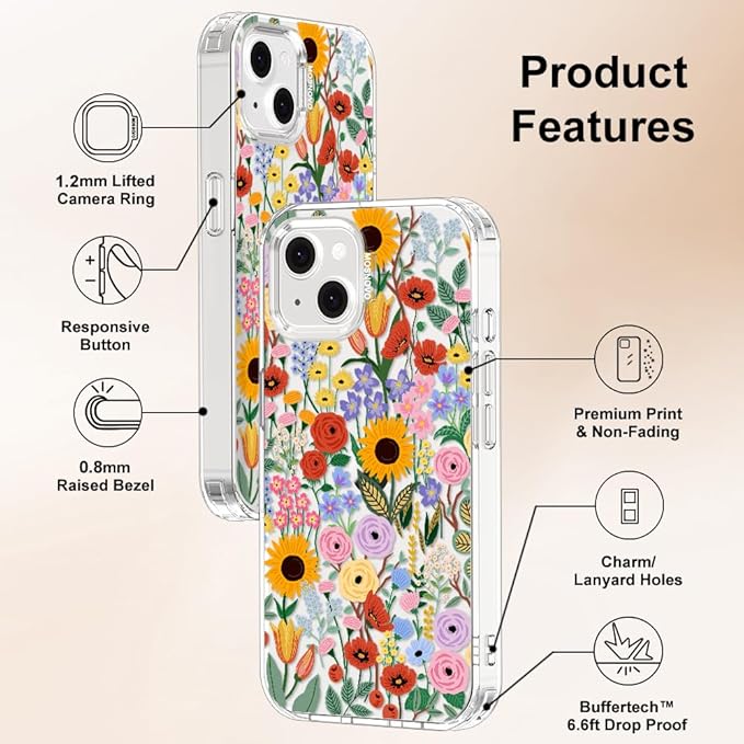 MOSNOVO for iPhone 13/14 Case | Military Grade 6.6ft Drop Tested | Clear with Blossom & Bloom Design