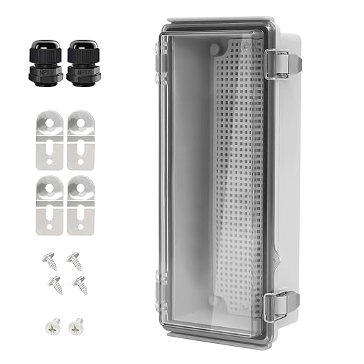LeMotech Electrical Box, IP67 Waterproof Hinged Clear Cover Stainless Steel Latch Junction Box, ABS Plastic Electrical Enclosure with Mounting Plate,Wall Brackets, Cable Glands,10.2"x4.3"x2.9",Grey