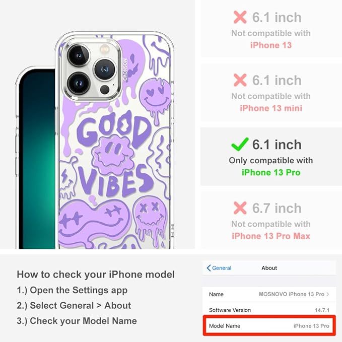 MOSNOVO Case for iPhone 13 Pro, [Buffertech 6.6ft Military-Grade Drop Protection] [Anti Peel Off Tech] Clear TPU Bumper Phone Case Cover Design - Good Vibes