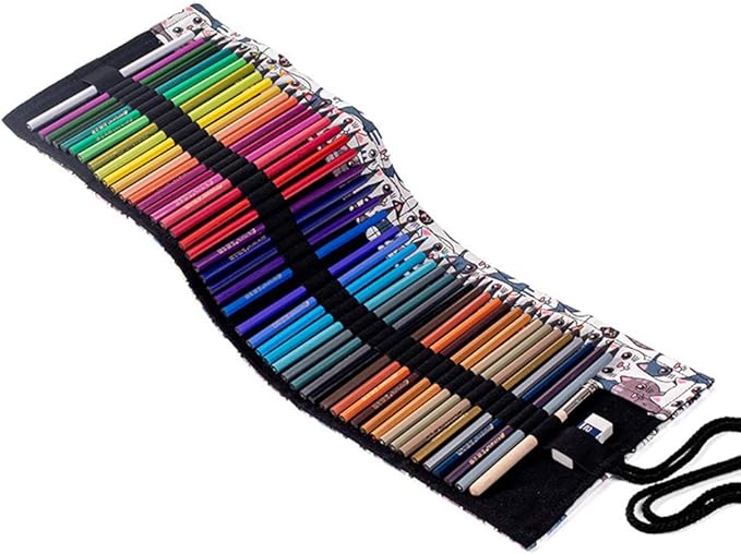 Funny live 24/36/48/72 Slots Colored Pencil Wrap Roll up Pen Holder Case Drawing Coloring Pencil Roll Organizer Stationery Case for Student Artist Traveler (Big-Head Cats, 24 Slots)