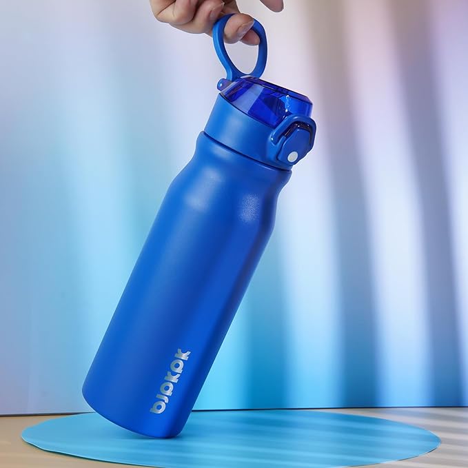 BJPKPK 25oz Insulated Water Bottle with Straw Stainless Steel Double Wall Water Bottles BPA Free Leak Proof Thermal Flask with Lockable Flip Lid and Soft Silicone Spout,Blue