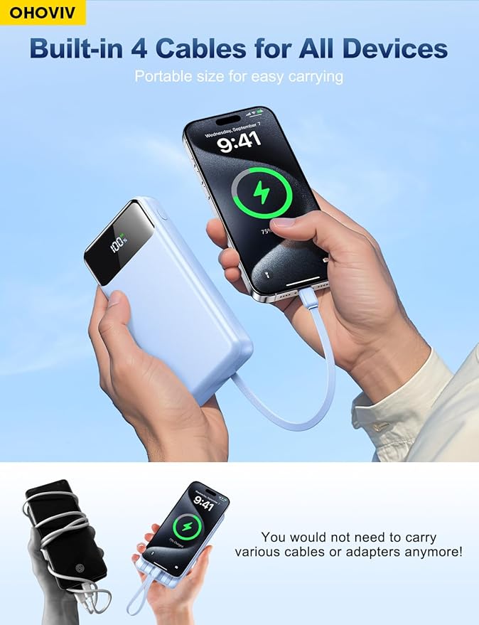 OHOVIV Portable Charger Power Bank 50000mAh Battery Pack, 22.5W Fast Charging PowerBank with Built in Cables,Travel Essential USB-C Portable Phone Charger for iPhone Samsung Pixel Android iPad-Blue
