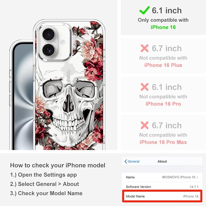MOSNOVO Case for iPhone 16, [Buffertech 6.6ft Military-Grade Drop Protection] [Anti Peel Off Tech] Clear TPU Bumper Phone Case Cover Design - Red Flower Skull