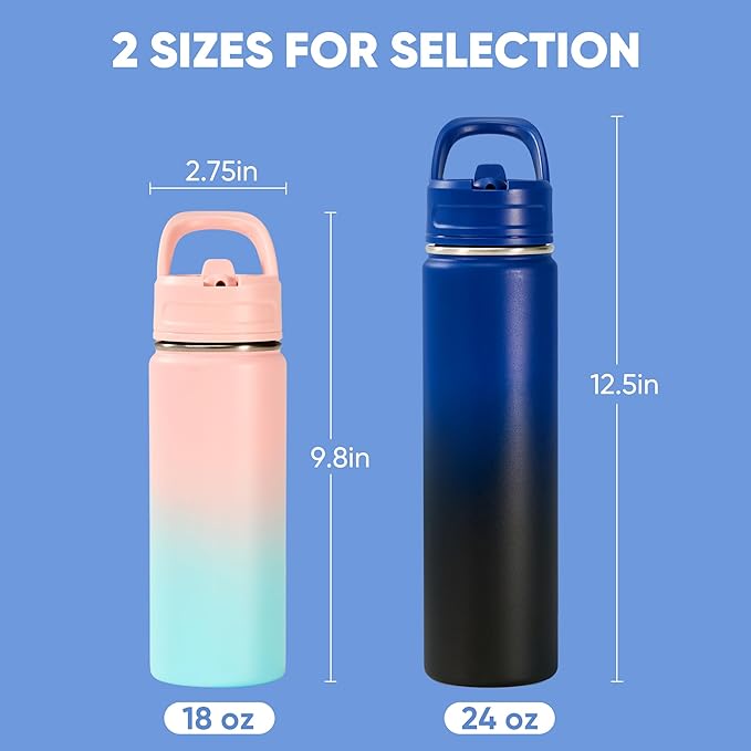 Fijinhom 2 Pack 18oz Insulated Stainless Steel Water Bottle with Straws, Double Wall Vacuum Insulated Bottles, Metal Thermo for Travel, Sports, Leak-Proof, BPA Free, Women & Men, Blue&Pink Gradient