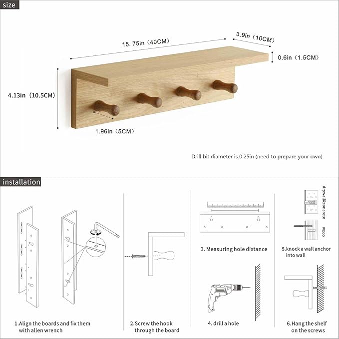 Entrance Coat Rack ，Coat Hooks, Wall-Mounted Wooden Hook Rack, Wall-Mounted Shelves(Oak Colored Finish—A-1)