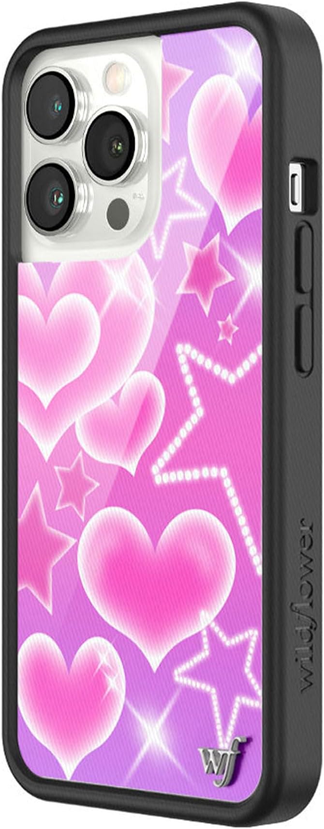 Wildflower Cases - Compatible with iPhone 13 Pro | Protective Black Bumper, 6.5ft Drop Test Certified, Women Owned Small Business | Trendy Pink Purple Stars Hearts | Collab- Cierra Ramirez