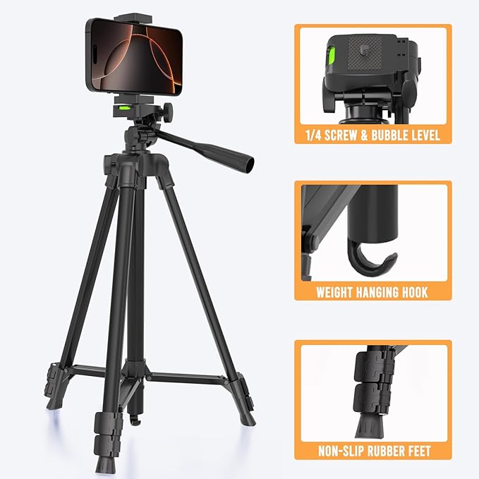 Luswemi 53'' Phone & Camera Mount Tripod Stand with Remote and Holder, Portable Cellphone Tripod Compatible with iPhone 16 Pro Max/15 Pro/Samsung/DJI/GoPro