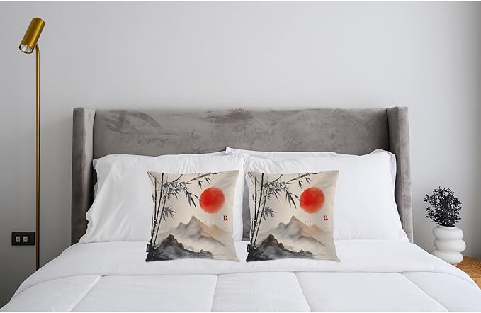 Swono Outdoor Pillow Covers Bamboo, Japanese Bamboo Trees Mountains Red Sun Painting Home Decorative Throw Pillow Case Cushion Cover for Men/Woman/Bed/Sofa/Office/Car, 18x18 Inch 2Pcs Pillow Covers