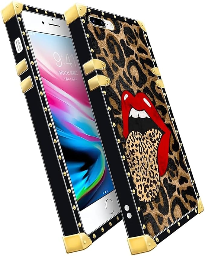 Compatible with iPhone 8 Plus 7 Plus Case, Brown Leopard Print Mouth Luxury Golden Decoration for Girl Women Soft TPU Shockproof Protective Hard PC Back for iPhone 8 Plus 7 Plus