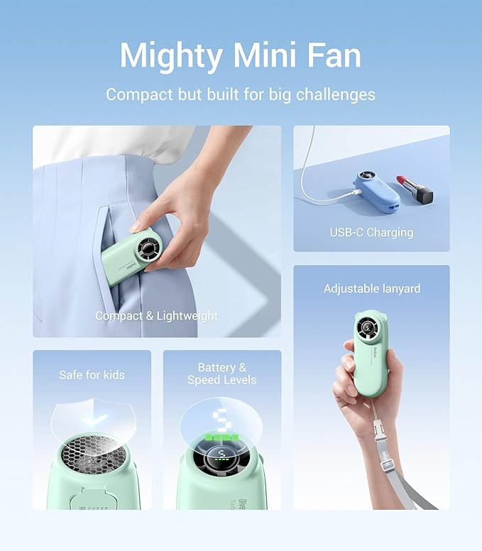 Diveblues TurboBear Portable Handheld Turbo Fan- Powerful Air Speed, Ultra-Light 86.5g Hand Fan, 5 Gear Cooling, Rechargeable Battery Powered, Pocket Cute Small Fan Travel Essentials Gifts Women