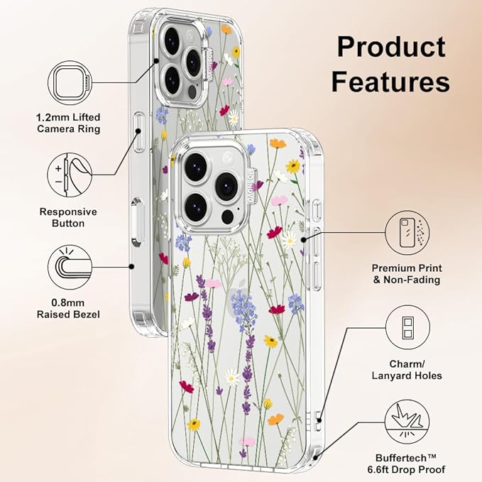 MOSNOVO Case for iPhone 16 Pro, [Buffertech 6.6ft Military-Grade Drop Protection] [Anti Peel Off Tech] Clear TPU Bumper Phone Case Cover Design - Floral Garden