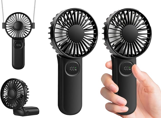[2-packs Portable Handheld Fan] Personal Hand Held Fan for Travel, Foldable Eyelash Neck Fan with Digital Display, Lanyard, 5 Speeds, 180° Adjustable, 3-12h Working Time, Rechargeable Battery Operated