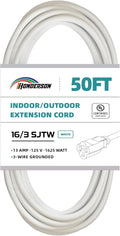 Indoor Outdoor Extension Cord Weatherproof, UL Certified, 16 Gauge 50FT White 3 Prong Heavy Duty, 16/3 SJTW 13A Power Cord for Outdoor Lights, Appliances, Lawn