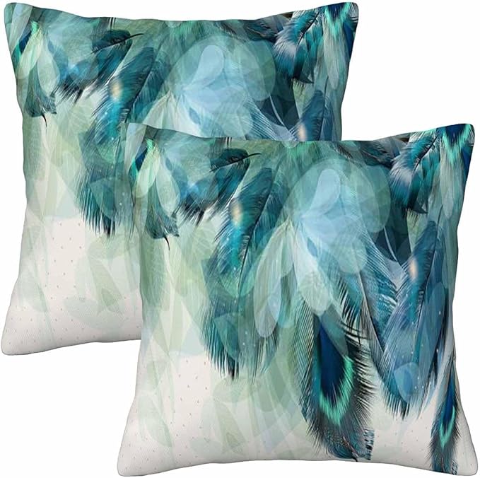 Peacock Feather 18 X 18 Pillow Covers Watercolor Gradient Blue Soft Halo Green Leaves Set of 2 Pillow Cases Square Velvet Outdoor Pillowcases Decorative for Home Bed Sofa Couch Hotel
