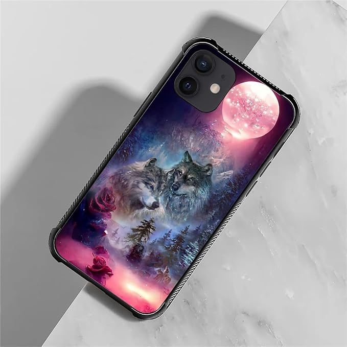 for iPhone 12 Mini Case, Star Two Wolfs Howling Pattern Graphic Design Girl Boy Soft Silicone Hard Acrylic Shock Protection for iPhone 12 Mini