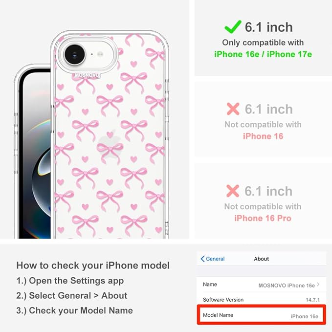 MOSNOVO for iPhone 17e Case/iPhone 16e Case, Shockproof Military-Grade Protection 6.6ft Drop Tested, Clear Phone Case for iPhone 16e / iPhone 17e, Bowtiful Love Design