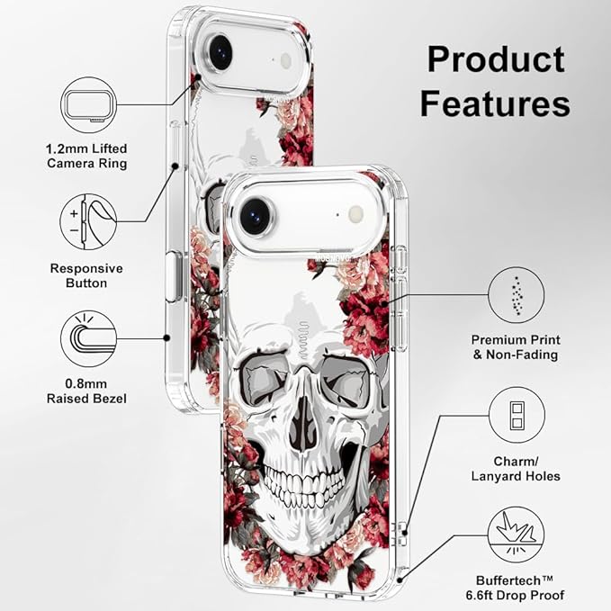 MOSNOVO for iPhone Air Case | Military Grade 6.6ft Drop Tested | Camera Control | Clear with Red Flower Skull Design