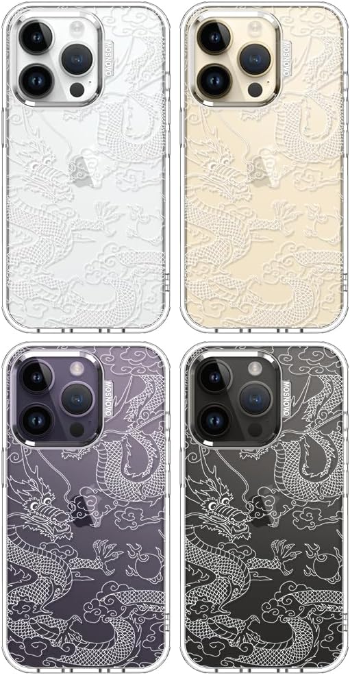 MOSNOVO Case for iPhone 14 Pro, [Buffertech 6.6ft Military-Grade Drop Protection] [Anti Peel Off Tech] Clear TPU Bumper Phone Case Cover Design - White Dragon