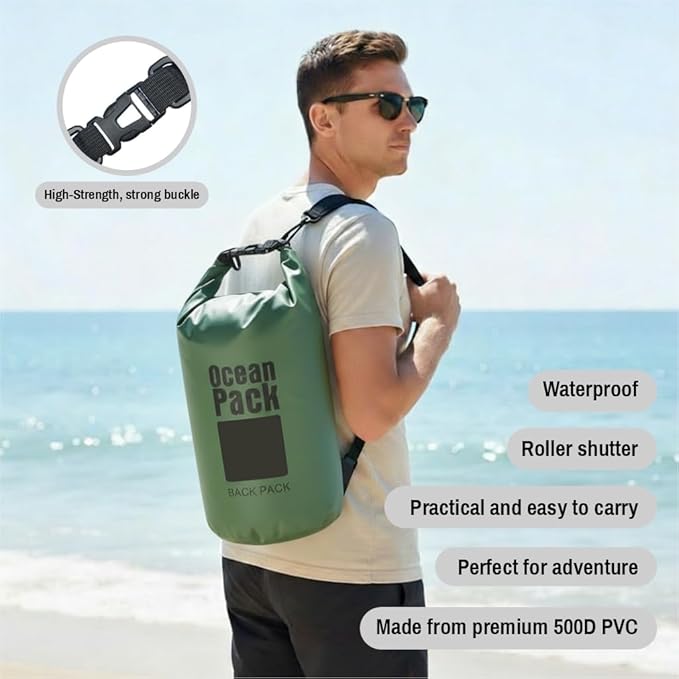 Waterproof Dry Bag Set of 3 (2L 5L 10L) – Roll Top PVC Dry Bags Waterproof for Kayaking, Camping, Beach & Travel – Floating Compression Dry Sack Backpack for Outdoor Gear (Military Green)