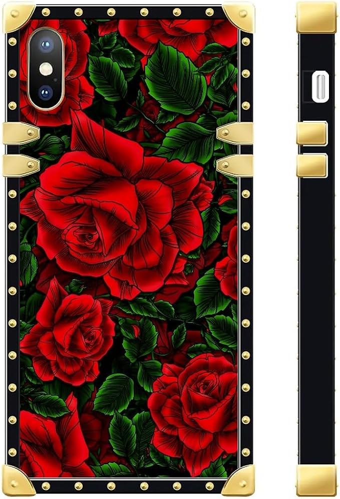 Compatible with iPhone XR Case, Vector Red Rose Green Leaf Luxury Golden Decoration for Girl Women Soft TPU Shockproof Protective Hard PC Back for iPhone XR