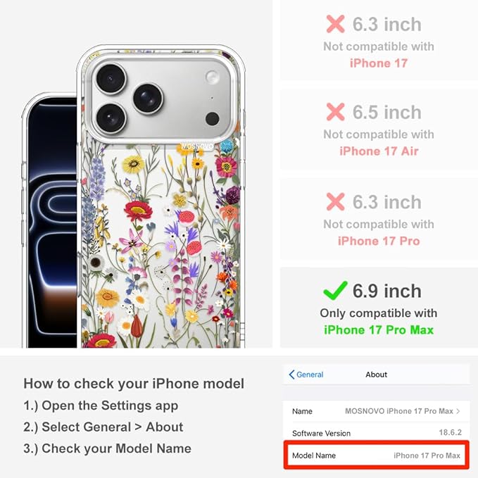 MOSNOVO for iPhone 17 Pro Max Case | Military Grade 6.6ft Drop Tested | Camera Control | Clear with Wildflower Meadow Design