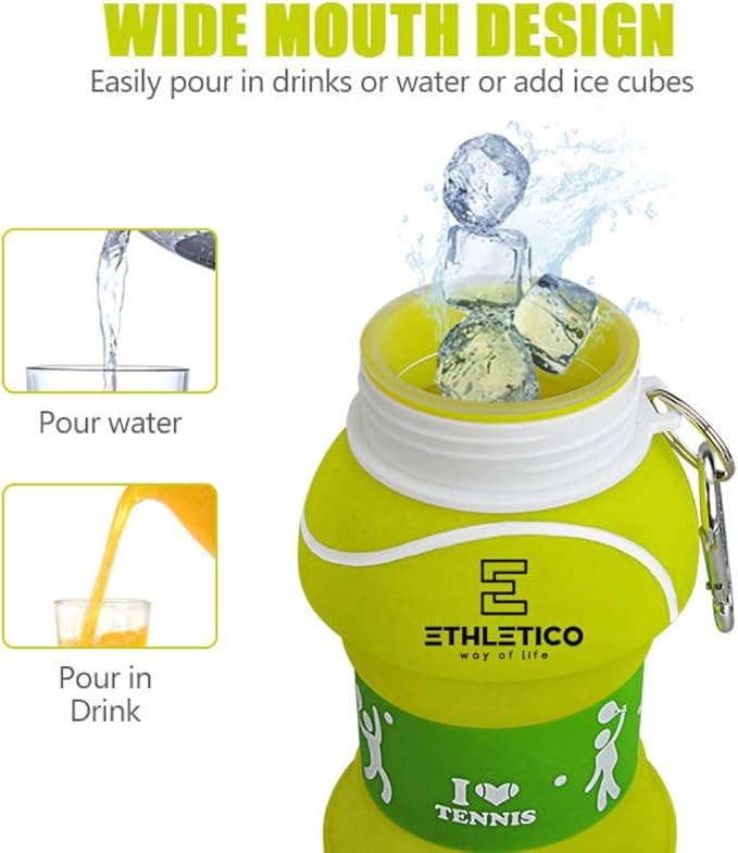 Collapsible Water Bottles with Carabiner Food Grade Sports Water Bottle for Gift Kids Folding Water Bottle for Hiking, School, GYM, School, Sports and Traveling 19oz/550ml (Tennis Ball)