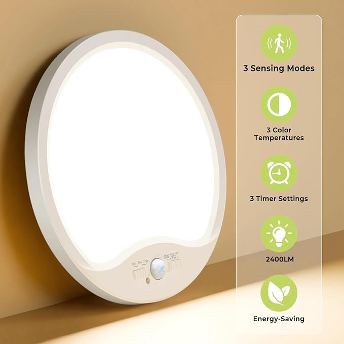 hepside Motion Sensor Ceiling Light Wired, 3000K/4000K/6500K LED Flush Mount Ceiling Light Fixture, 12Inch 24W Motion Sensor Light with Timer for Closet Stair Porch Hallway Pantry,White