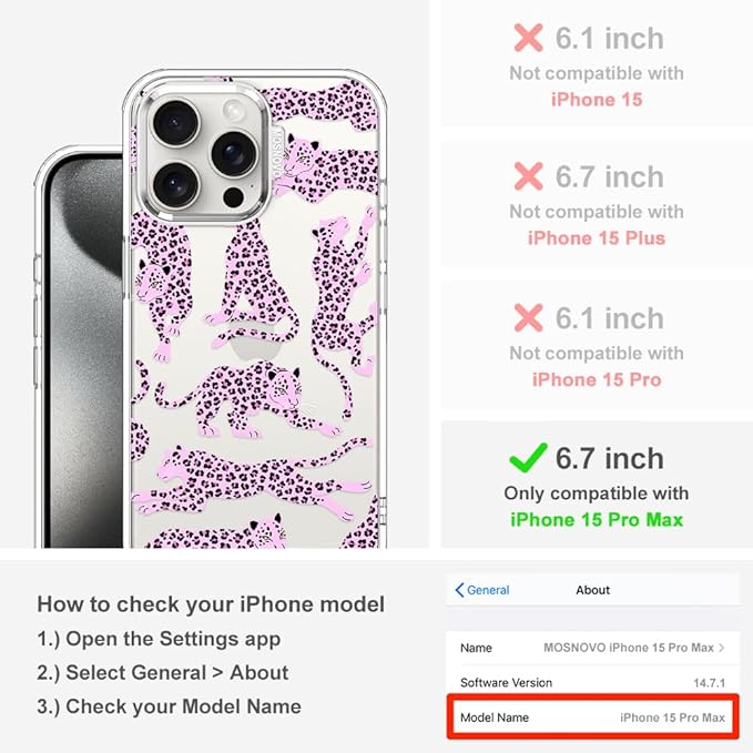 MOSNOVO Case for iPhone 15 Pro Max, [Buffertech 6.6ft Military-Grade Drop Protection] [Anti Peel Off Tech] Clear TPU Bumper Phone Case Cover Design - Pink Leopard