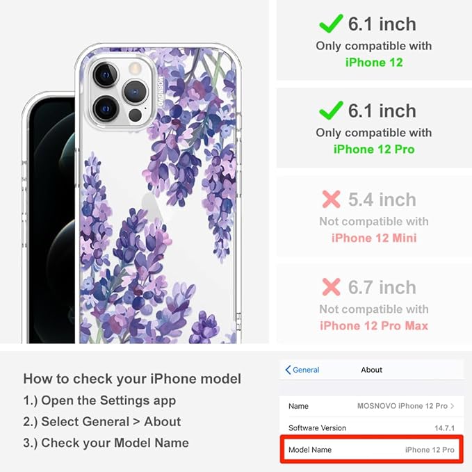 MOSNOVO Case for iPhone 12 & iPhone 12 Pro, [Buffertech 6.6ft Military-Grade Drop Protection] [Anti Peel Off Tech] Clear TPU Bumper Phone Case Cover Design - Lavender