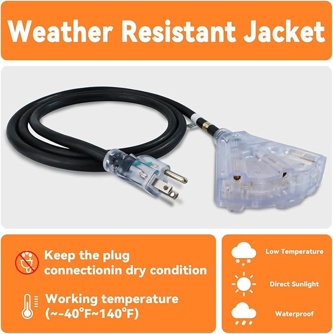 EP 8 Ft 12 Gauge Heavy Duty Extension Cord, 15A 125V 1875W, 3 Outlet Indoor/Outdoor Power Cord with Lighted End, 12/3 SJTW Weatherproof Black