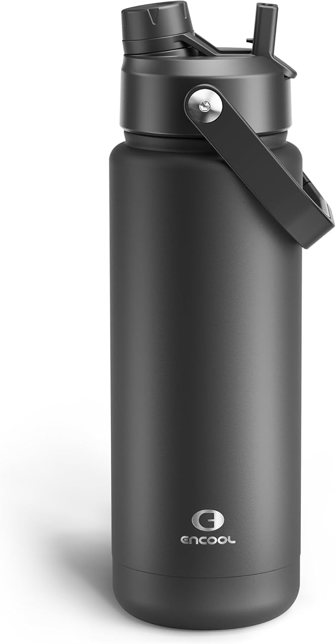 ENCOOL Insulated Water Bottle with Straw Stainless Steel Water Bottle, Leak-Proof, BPA-Free, Double Wall Vacuum Keeps Cold for 24 Hours for Sports, Travel, School (32 oz, Black Night)