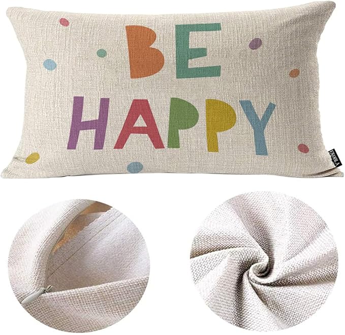 EKOBLA Be Happy Home Decorative Rectangle Pillow Cases Colorful Dots Cheerful Typography Lumbar Cotton Linen Throw Pillow Covers Cushion Case Rectangle Oblong 12x20 Inches